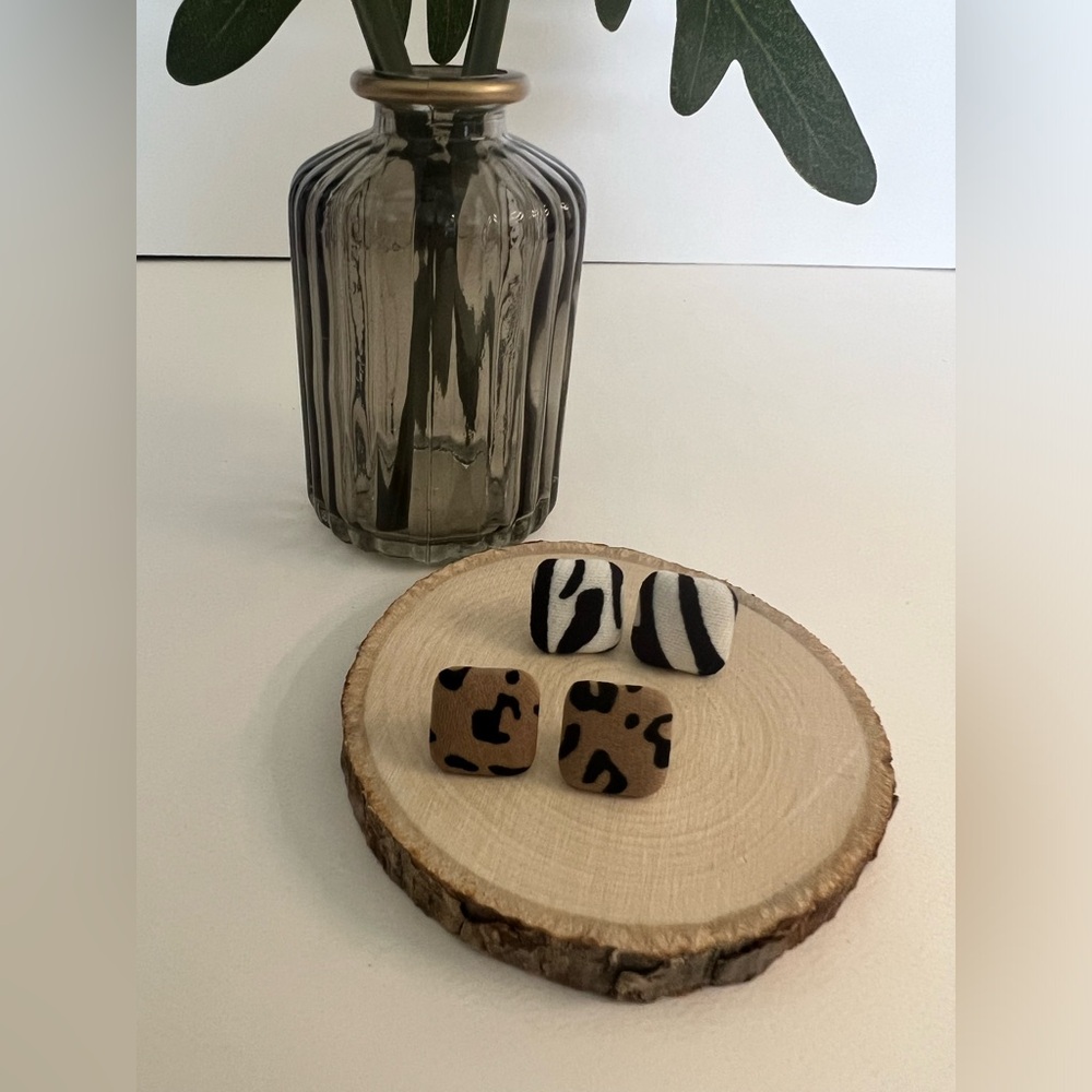 Animal Print Fabric Large Stud Earrings - Leopard Print Studs -Zebra Print Studs